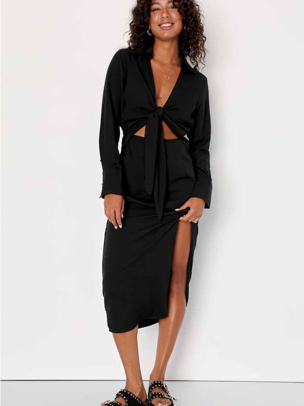 Lulu’s Long Story Shirt Black Long Sleeve Tie-Front Midi Dress NWT Medium
